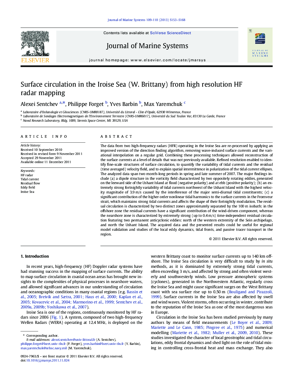 Surface circulation in the Iroise Sea (W. Brittany) from high resolution HF radar mapping