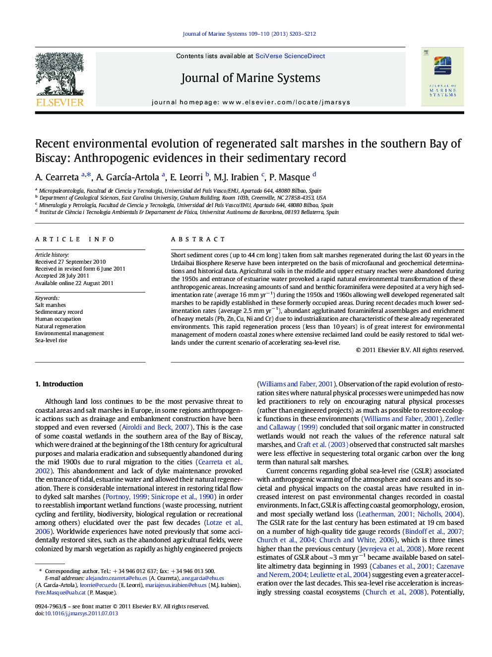 Recent environmental evolution of regenerated salt marshes in the southern Bay of Biscay: Anthropogenic evidences in their sedimentary record