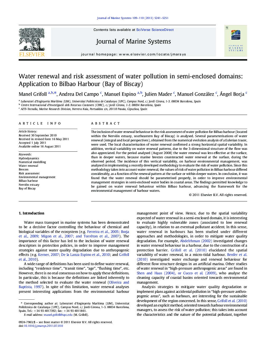 Water renewal and risk assessment of water pollution in semi-enclosed domains: Application to Bilbao Harbour (Bay of Biscay)