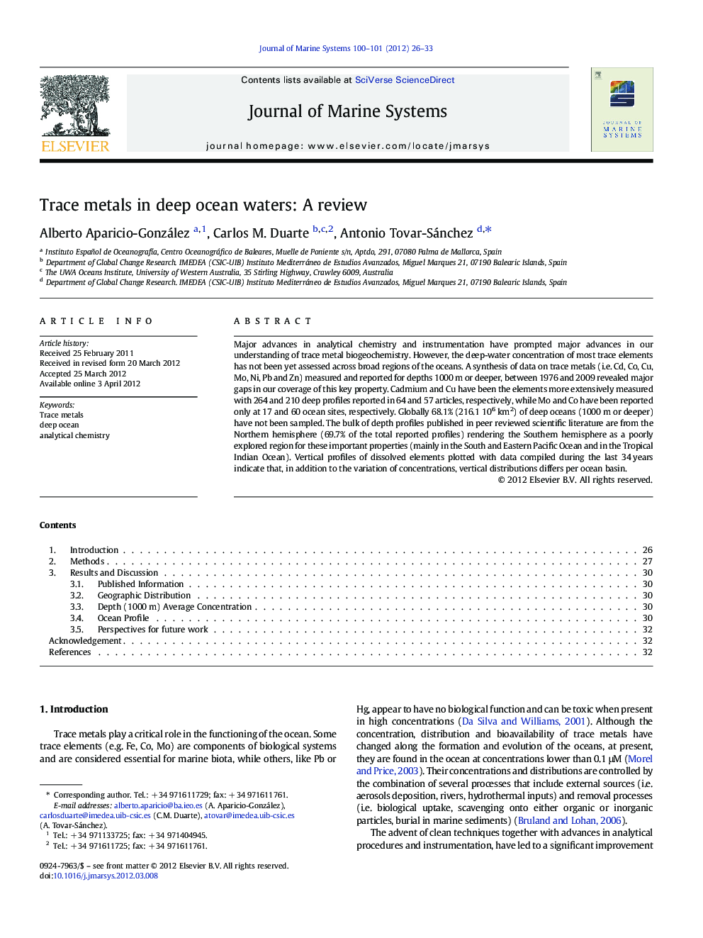 Trace metals in deep ocean waters: A review