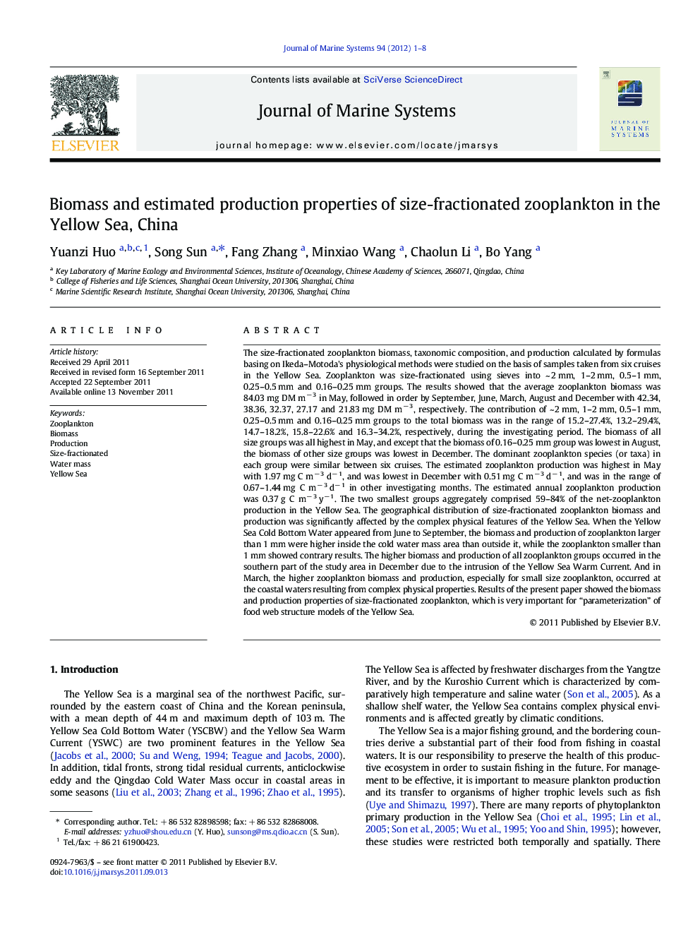 Biomass and estimated production properties of size-fractionated zooplankton in the Yellow Sea, China