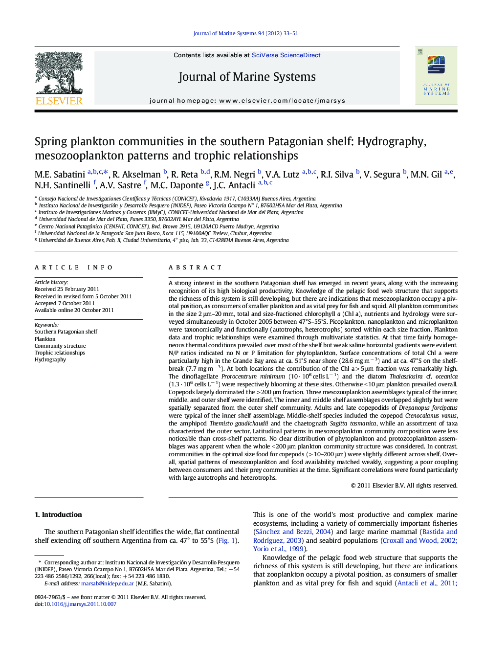 Spring plankton communities in the southern Patagonian shelf: Hydrography, mesozooplankton patterns and trophic relationships