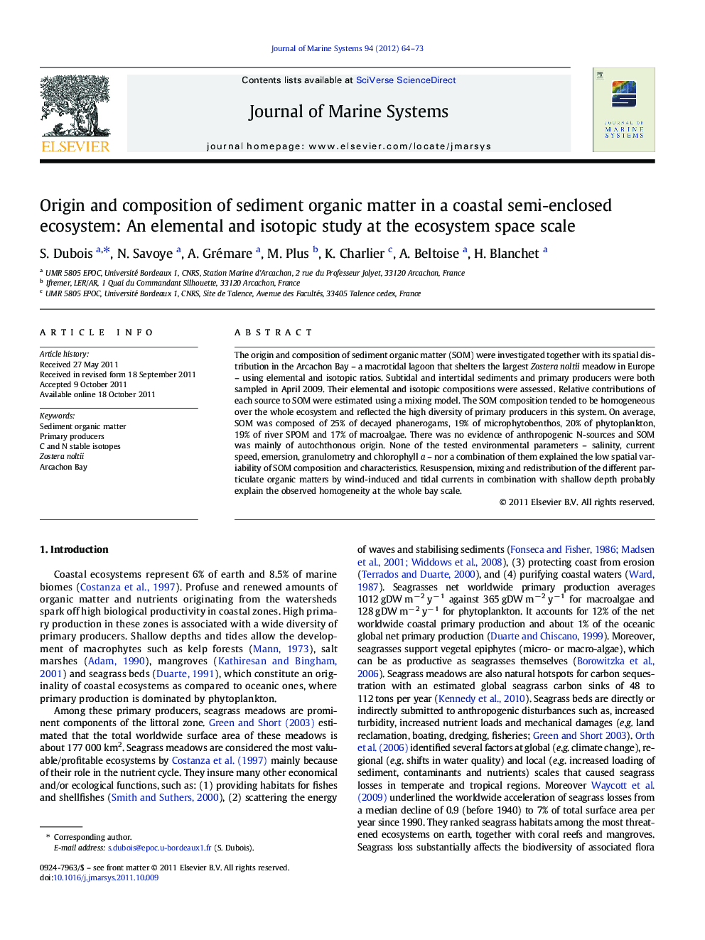 Origin and composition of sediment organic matter in a coastal semi-enclosed ecosystem: An elemental and isotopic study at the ecosystem space scale