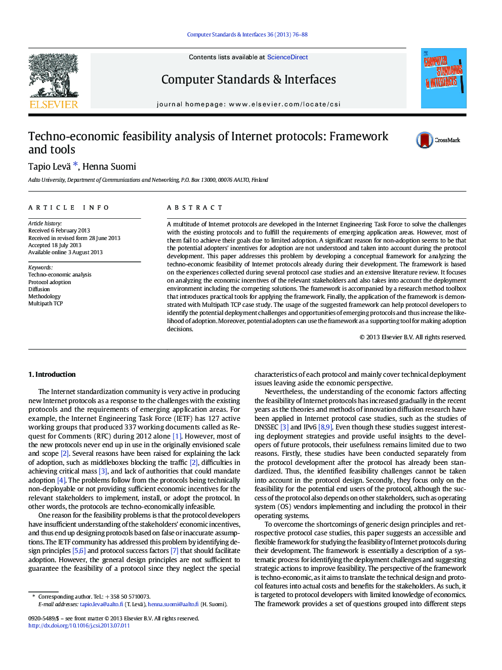 عکس صفحه اول مقاله: Techno-economic feasibility analysis of Internet protocols: Framework and tools Techno-economic feasibility analysis of Internet protocols: Framework and tools