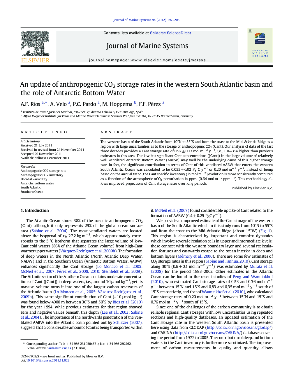 An update of anthropogenic CO2 storage rates in the western South Atlantic basin and the role of Antarctic Bottom Water