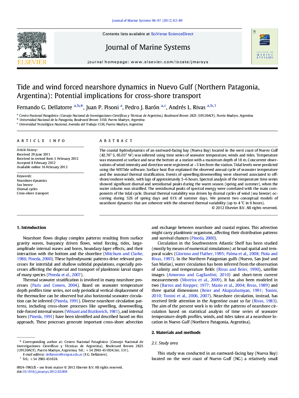 Tide and wind forced nearshore dynamics in Nuevo Gulf (Northern Patagonia, Argentina): Potential implications for cross-shore transport