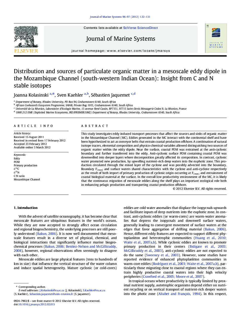 Distribution and sources of particulate organic matter in a mesoscale eddy dipole in the Mozambique Channel (south-western Indian Ocean): Insight from C and N stable isotopes