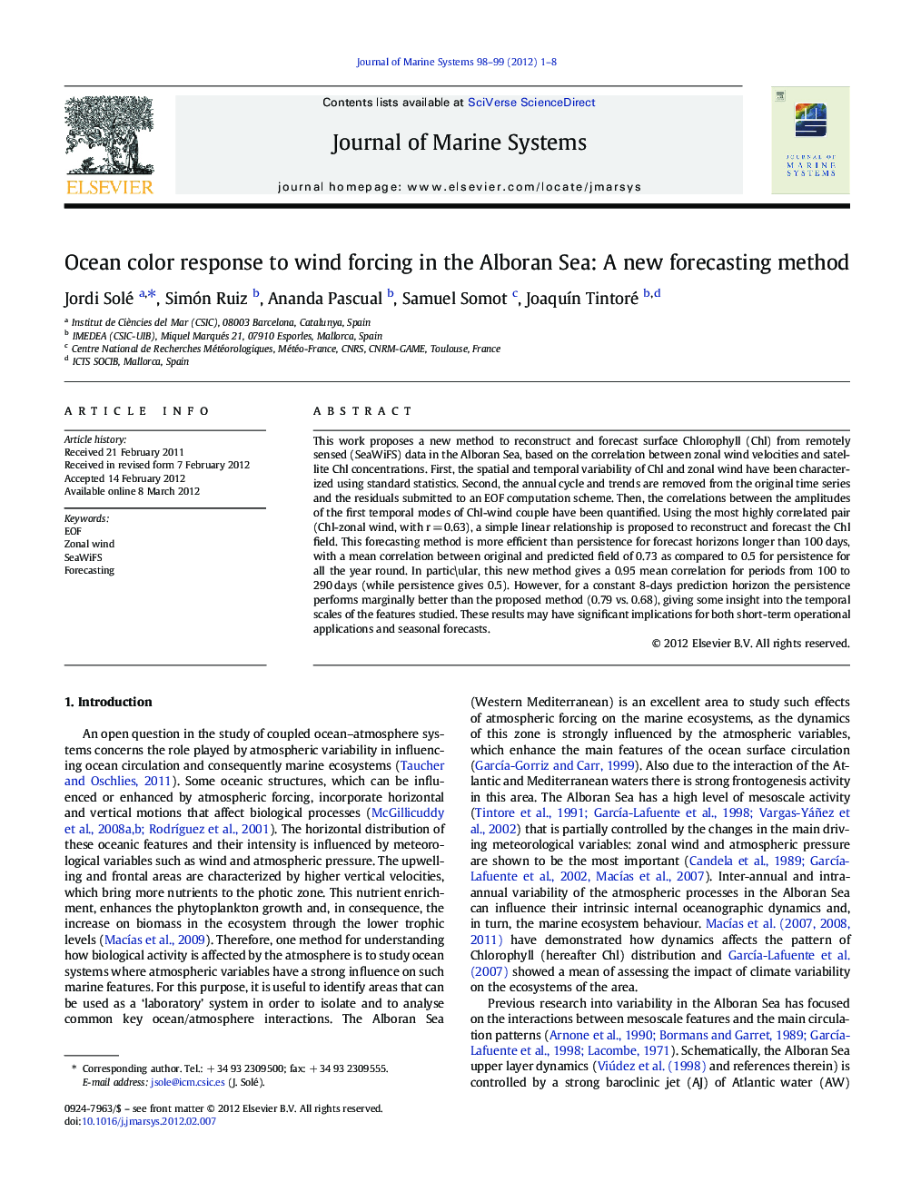 Ocean color response to wind forcing in the Alboran Sea: A new forecasting method