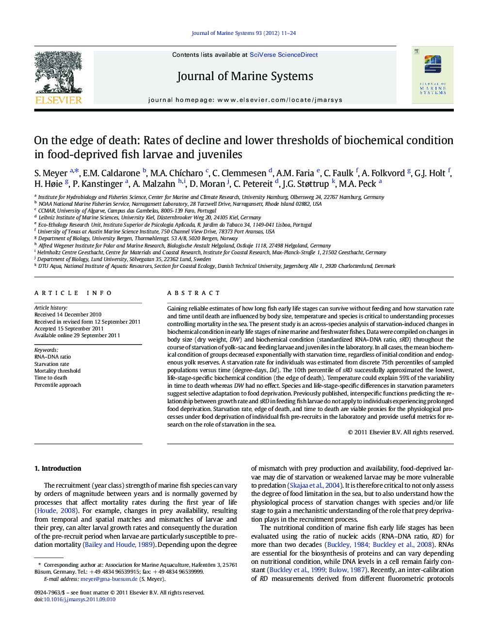 On the edge of death: Rates of decline and lower thresholds of biochemical condition in food-deprived fish larvae and juveniles