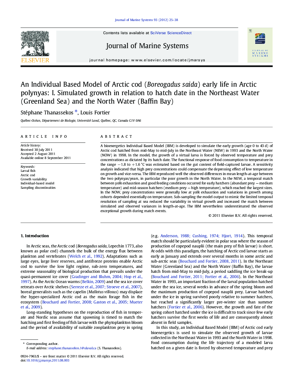 An Individual Based Model of Arctic cod (Boreogadus saida) early life in Arctic polynyas: I. Simulated growth in relation to hatch date in the Northeast Water (Greenland Sea) and the North Water (Baffin Bay)
