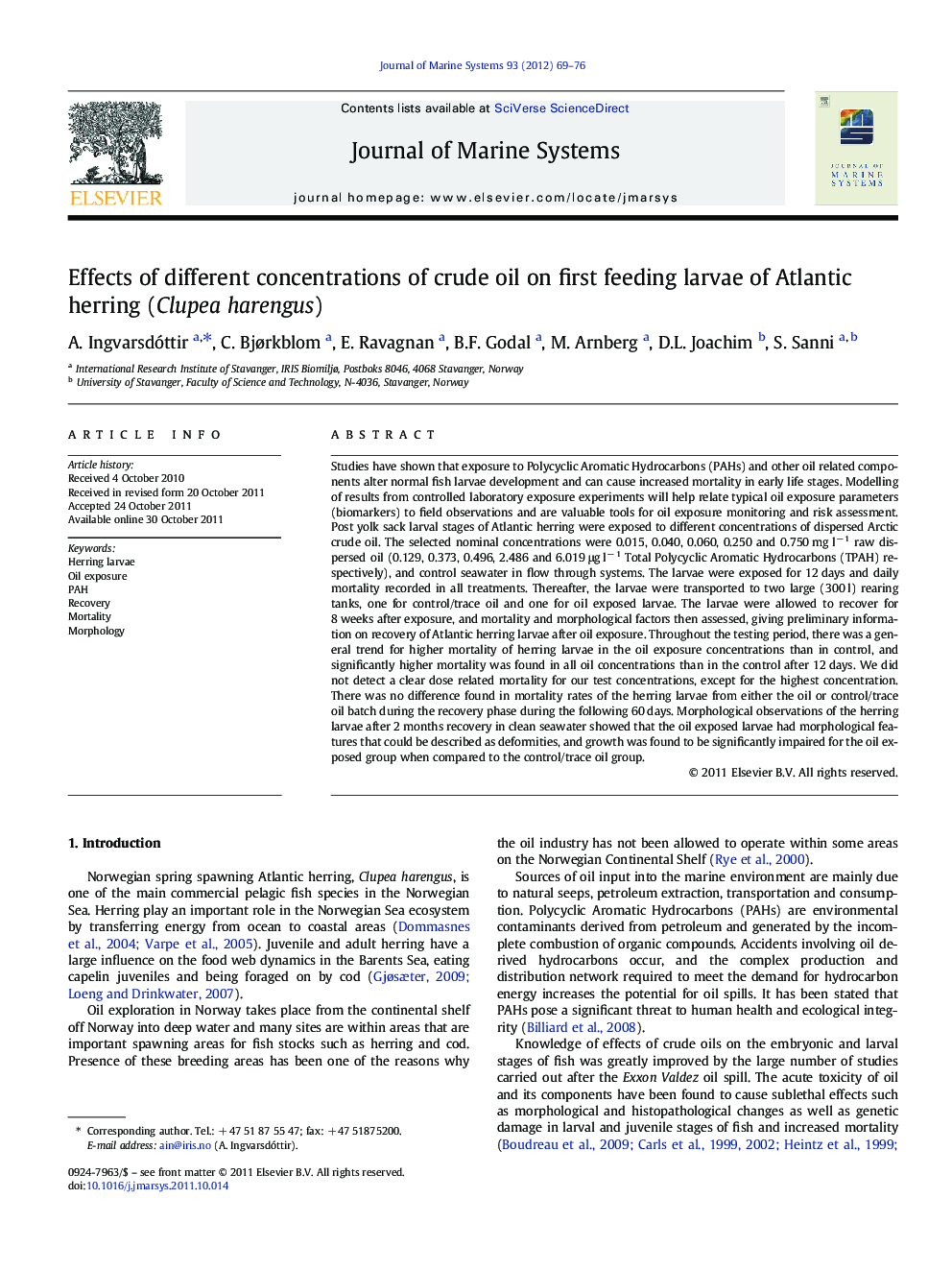 Effects of different concentrations of crude oil on first feeding larvae of Atlantic herring (Clupea harengus)