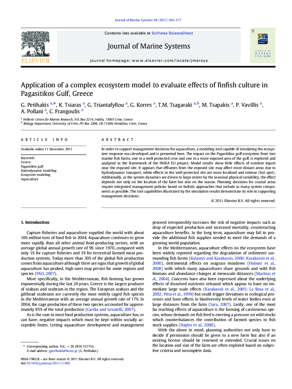 Application of a complex ecosystem model to evaluate effects of finfish culture in Pagasitikos Gulf, Greece