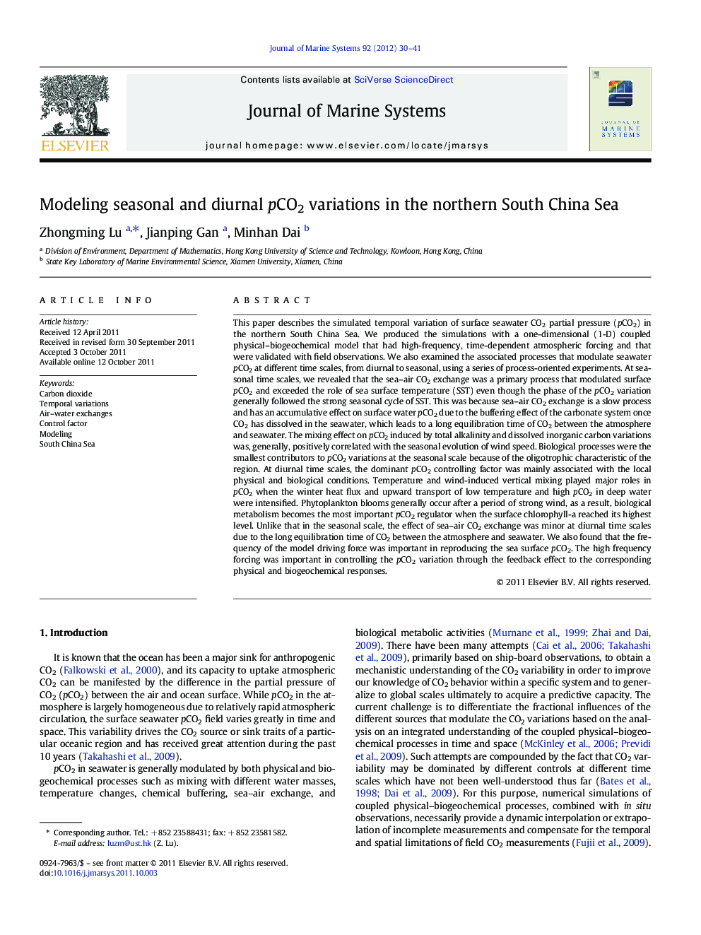 Modeling seasonal and diurnal pCO2 variations in the northern South China Sea