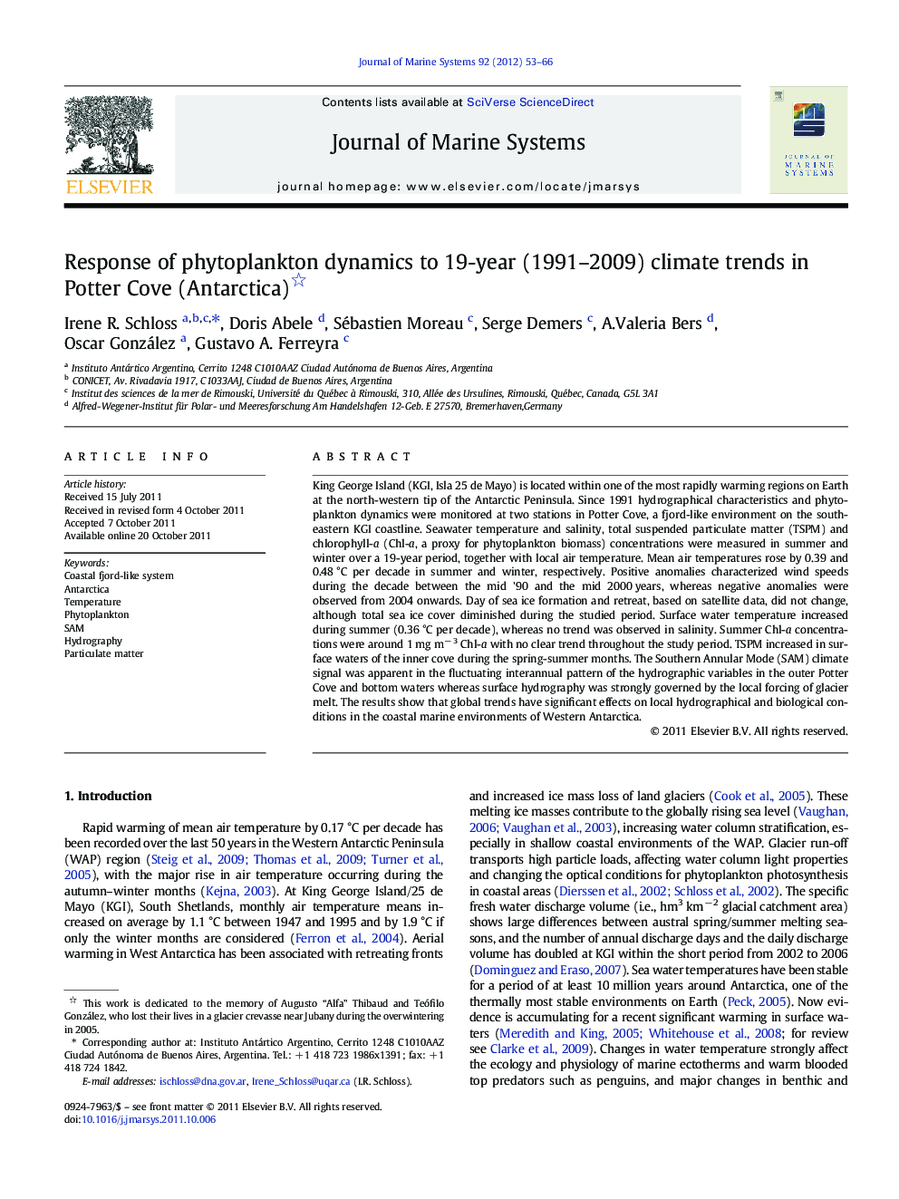 Response of phytoplankton dynamics to 19-year (1991–2009) climate trends in Potter Cove (Antarctica) 