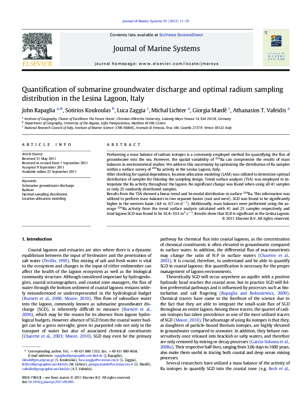 Quantification of submarine groundwater discharge and optimal radium sampling distribution in the Lesina Lagoon, Italy