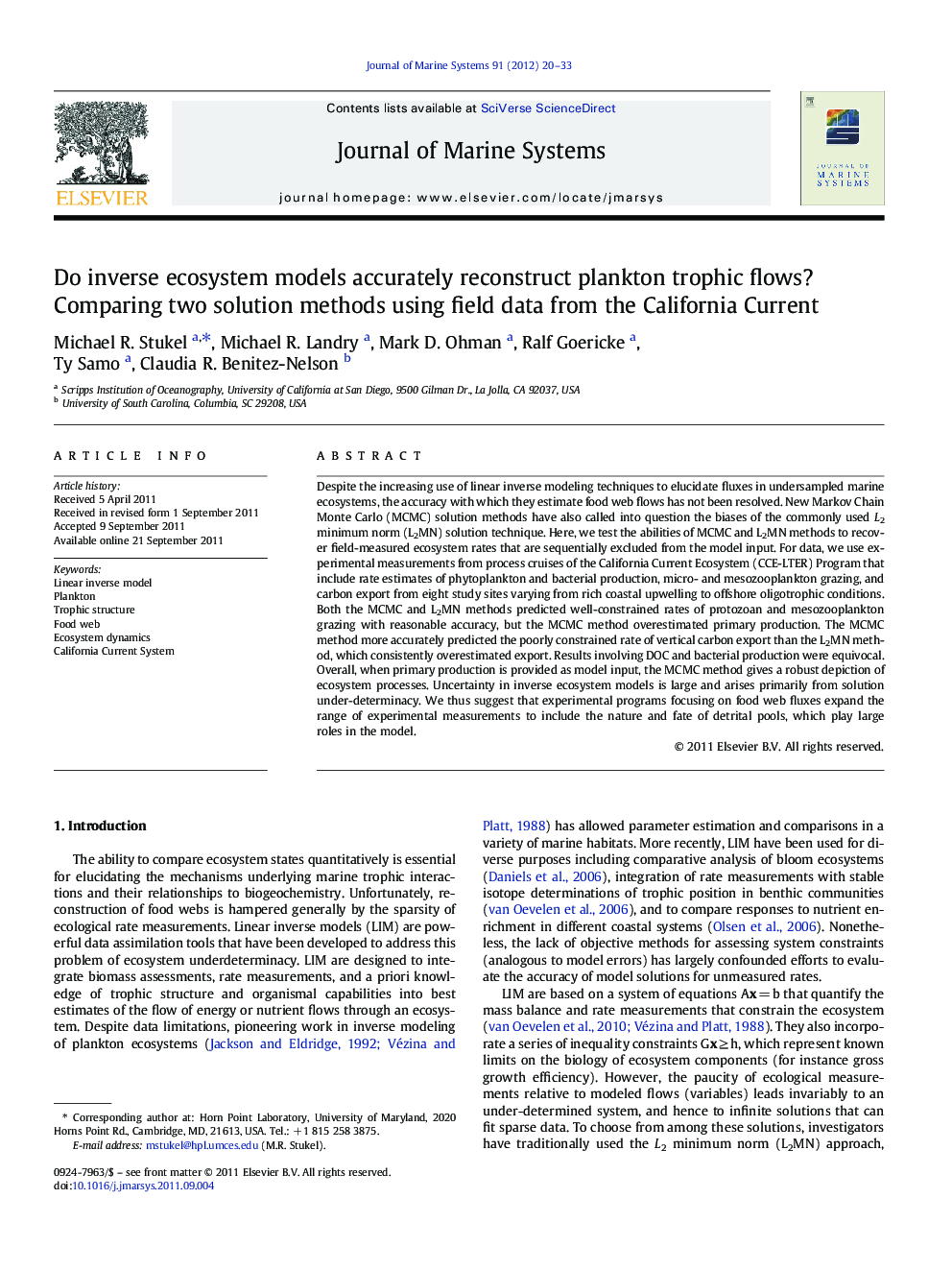 Do inverse ecosystem models accurately reconstruct plankton trophic flows? Comparing two solution methods using field data from the California Current