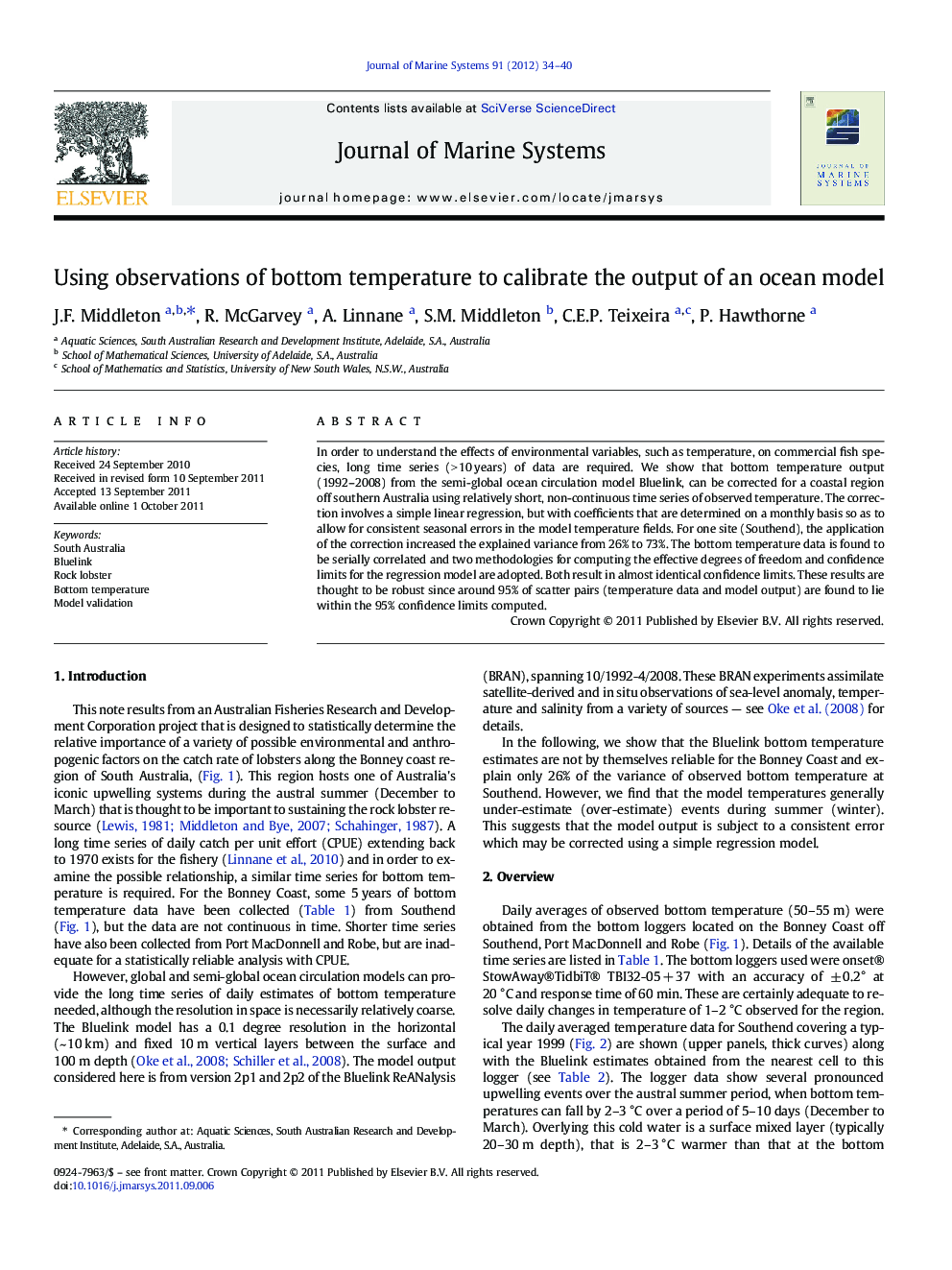 Using observations of bottom temperature to calibrate the output of an ocean model