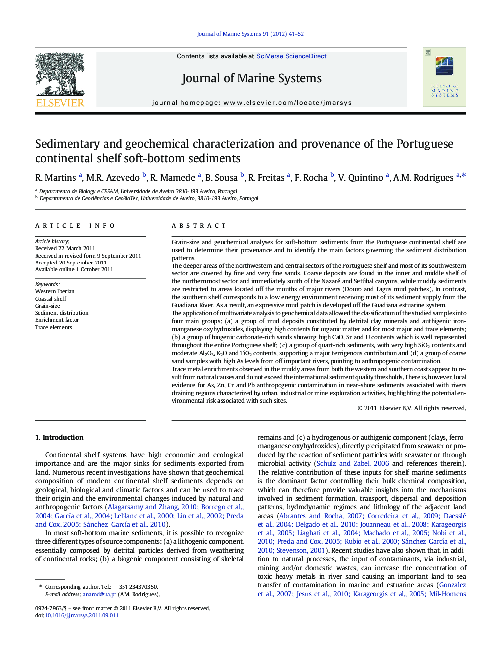 Sedimentary and geochemical characterization and provenance of the Portuguese continental shelf soft-bottom sediments