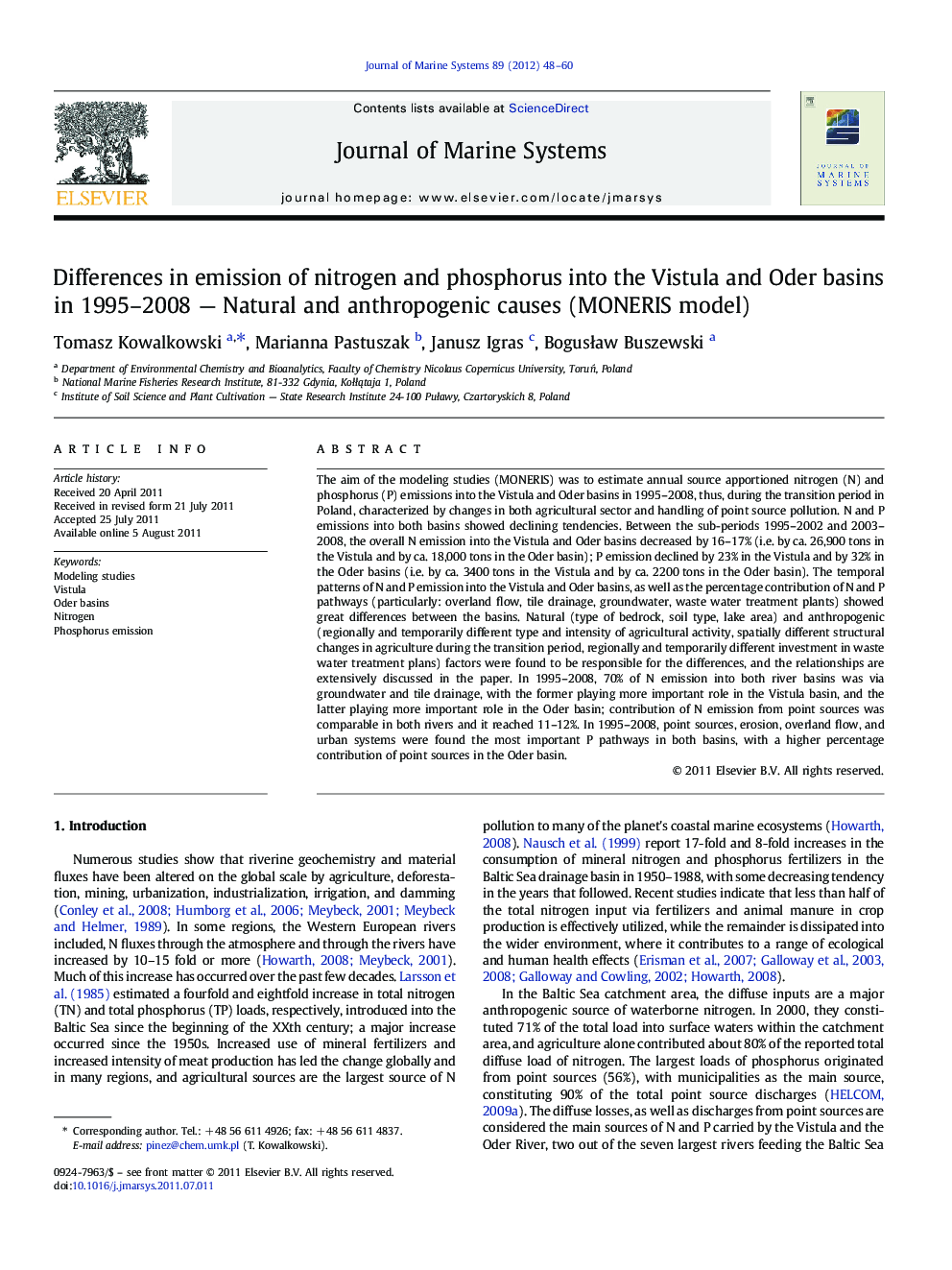 Differences in emission of nitrogen and phosphorus into the Vistula and Oder basins in 1995–2008 — Natural and anthropogenic causes (MONERIS model)