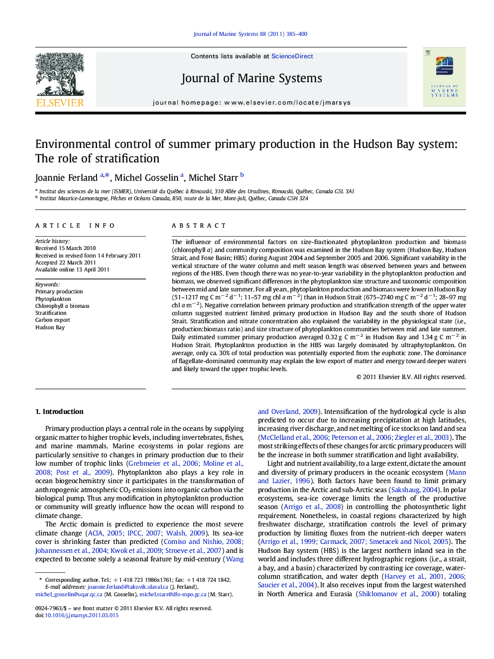 Environmental control of summer primary production in the Hudson Bay system: The role of stratification