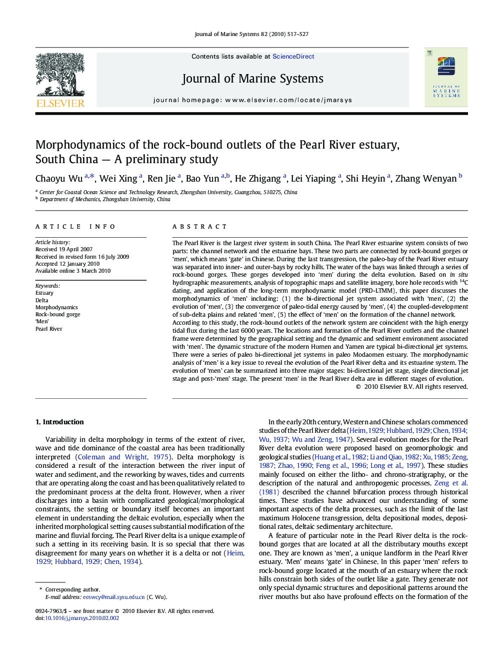 Morphodynamics of the rock-bound outlets of the Pearl River estuary, South China — A preliminary study