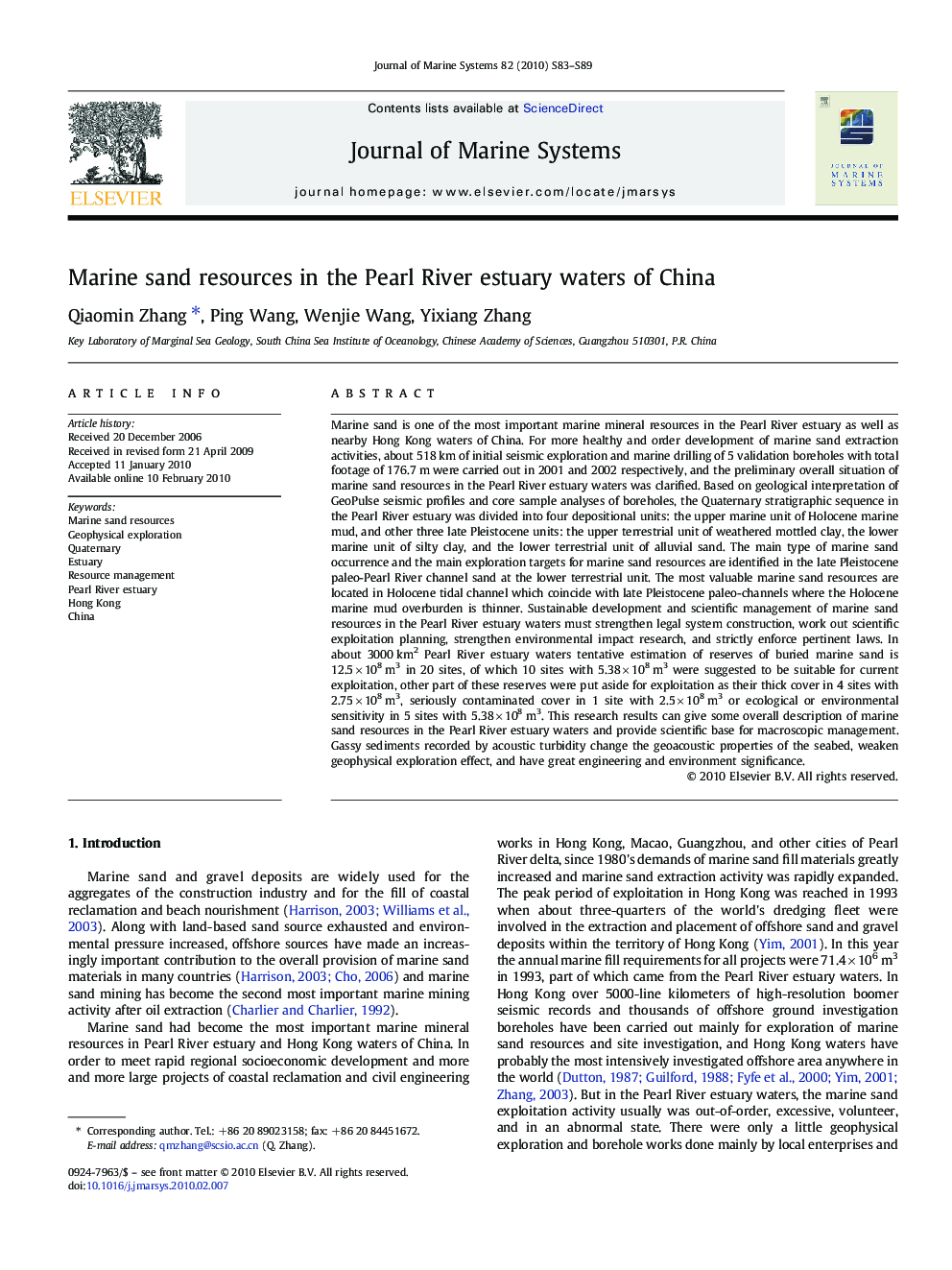 Marine sand resources in the Pearl River estuary waters of China