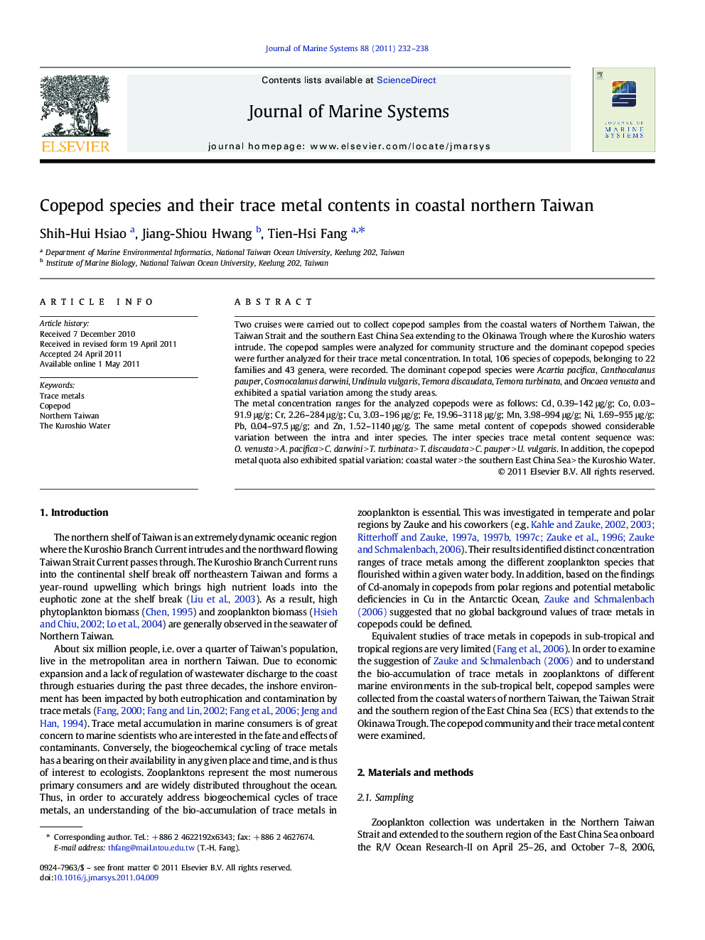 Copepod species and their trace metal contents in coastal northern Taiwan