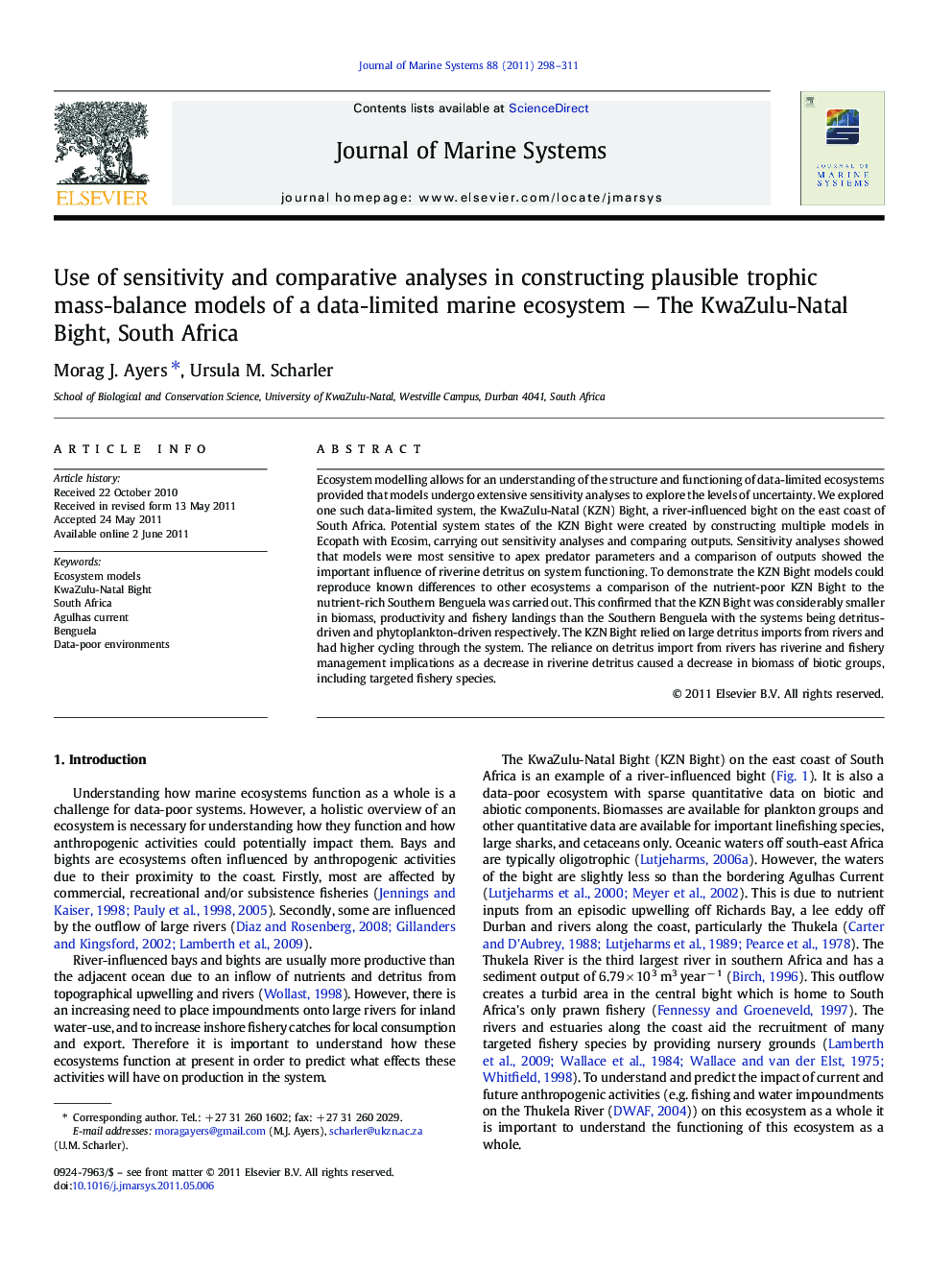 Use of sensitivity and comparative analyses in constructing plausible trophic mass-balance models of a data-limited marine ecosystem - The KwaZulu-Natal Bight, South Africa