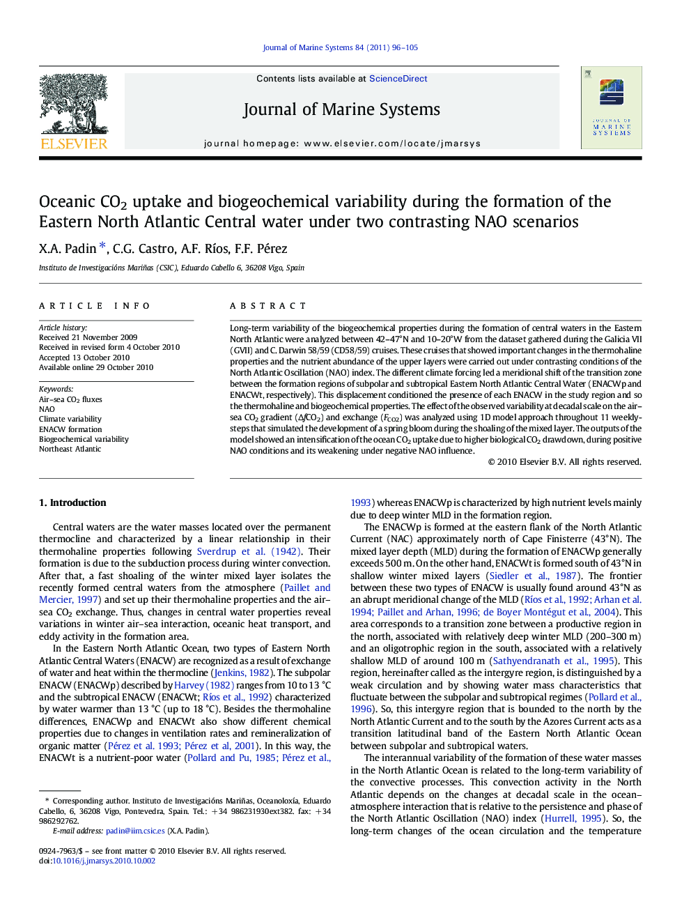 Oceanic CO2 uptake and biogeochemical variability during the formation of the Eastern North Atlantic Central water under two contrasting NAO scenarios