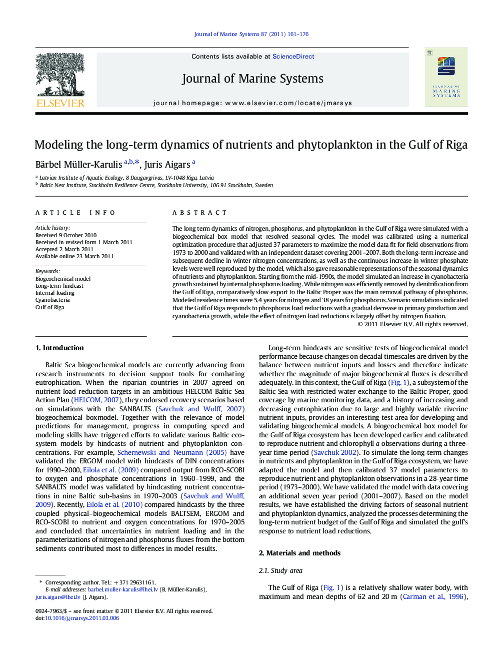 Modeling the long-term dynamics of nutrients and phytoplankton in the Gulf of Riga