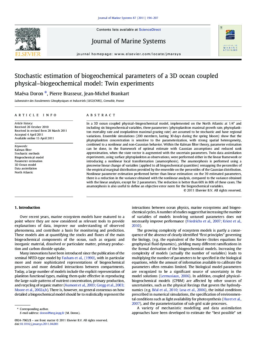 Stochastic estimation of biogeochemical parameters of a 3D ocean coupled physical-biogeochemical model: Twin experiments