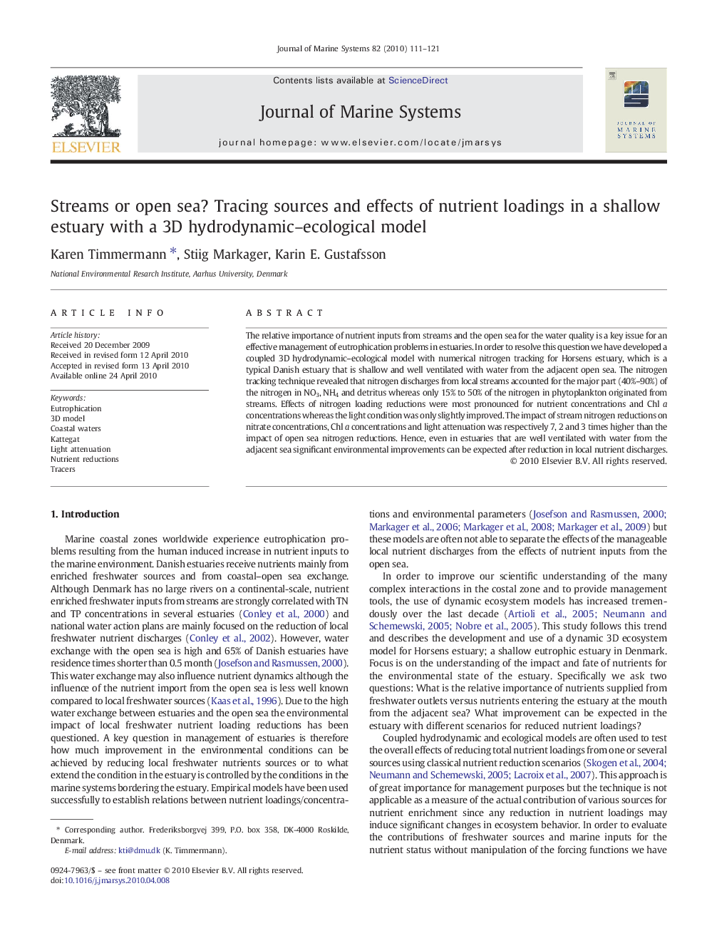 Streams or open sea? Tracing sources and effects of nutrient loadings in a shallow estuary with a 3D hydrodynamic–ecological model