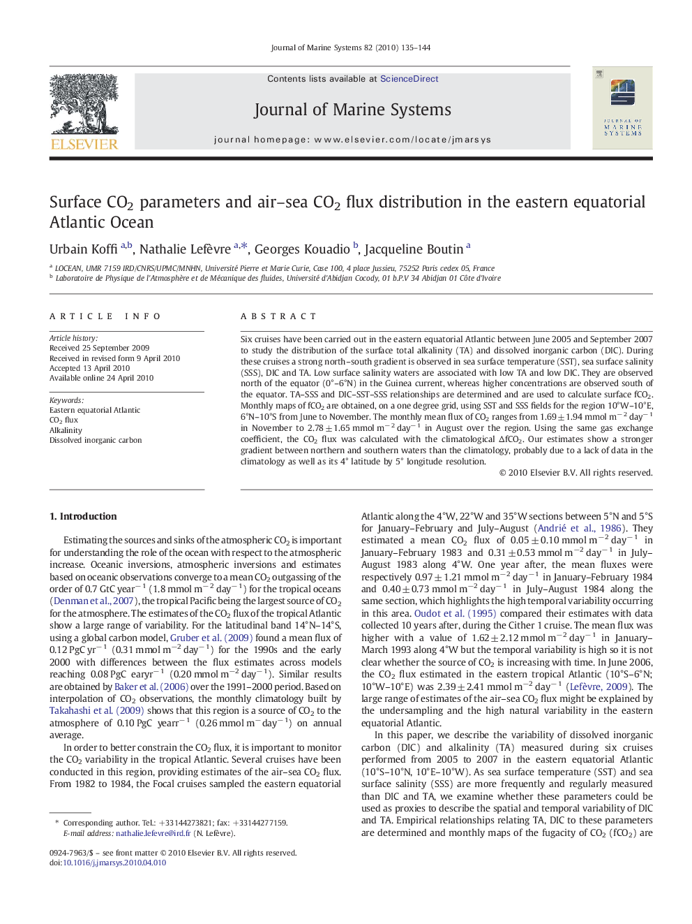 Surface CO2 parameters and air–sea CO2 flux distribution in the eastern equatorial Atlantic Ocean