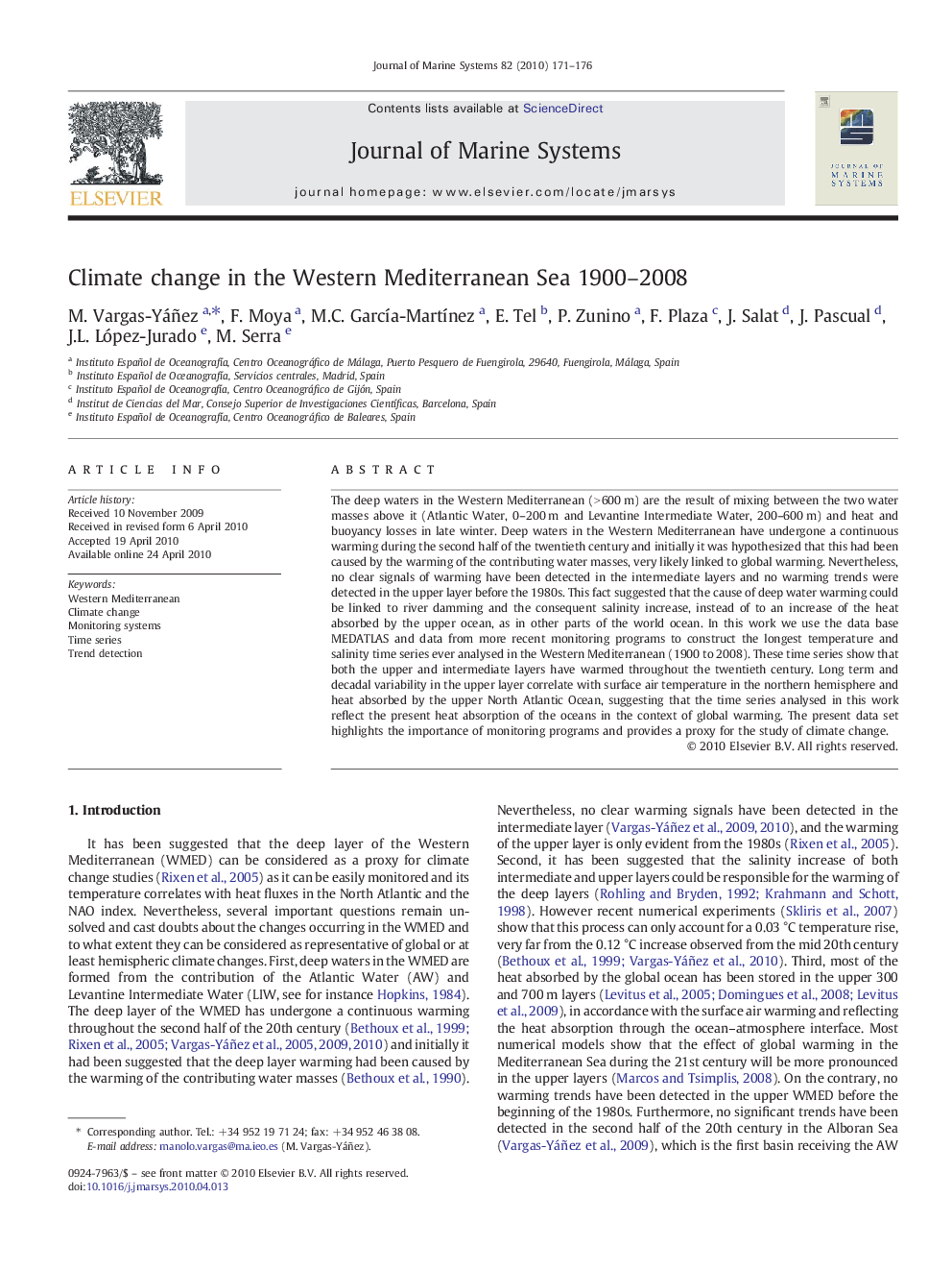 Climate change in the Western Mediterranean Sea 1900–2008