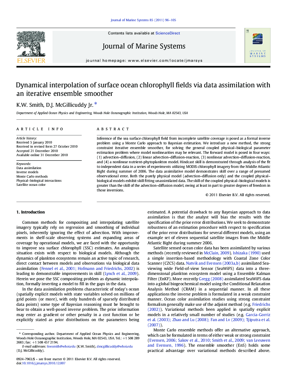 Dynamical interpolation of surface ocean chlorophyll fields via data assimilation with an iterative ensemble smoother