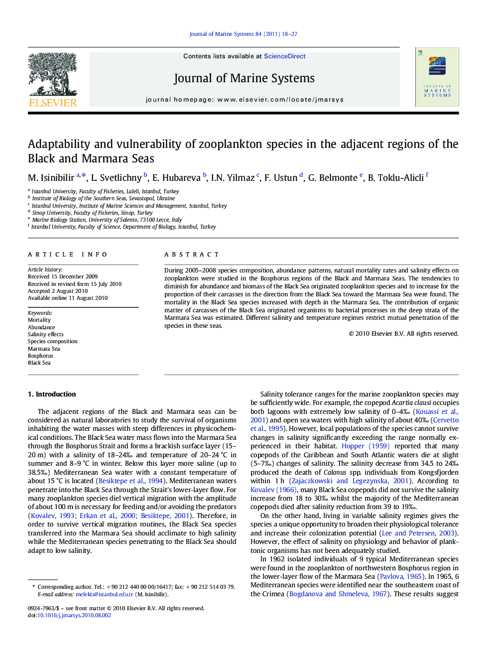 Adaptability and vulnerability of zooplankton species in the adjacent regions of the Black and Marmara Seas