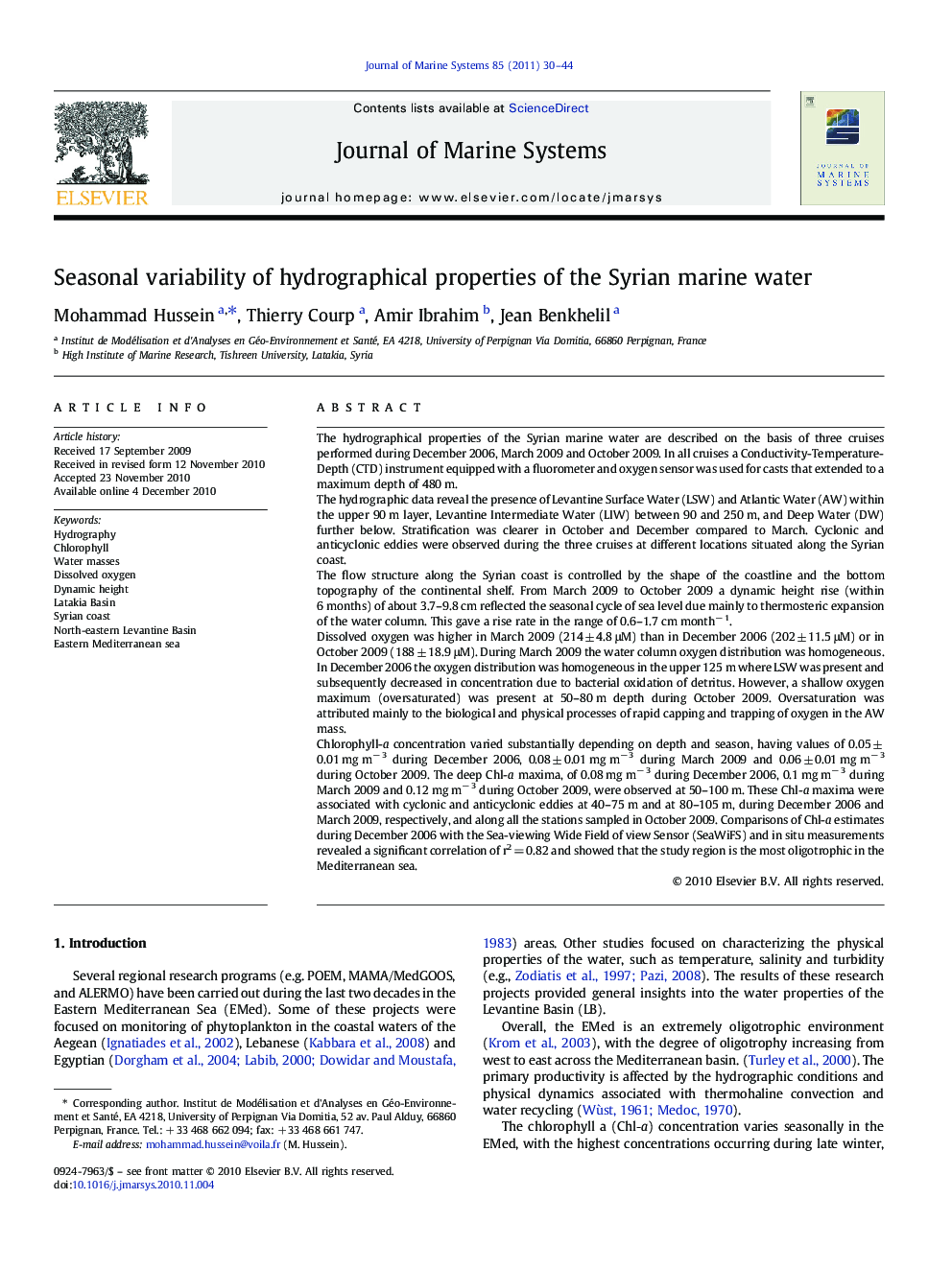 Seasonal variability of hydrographical properties of the Syrian marine water