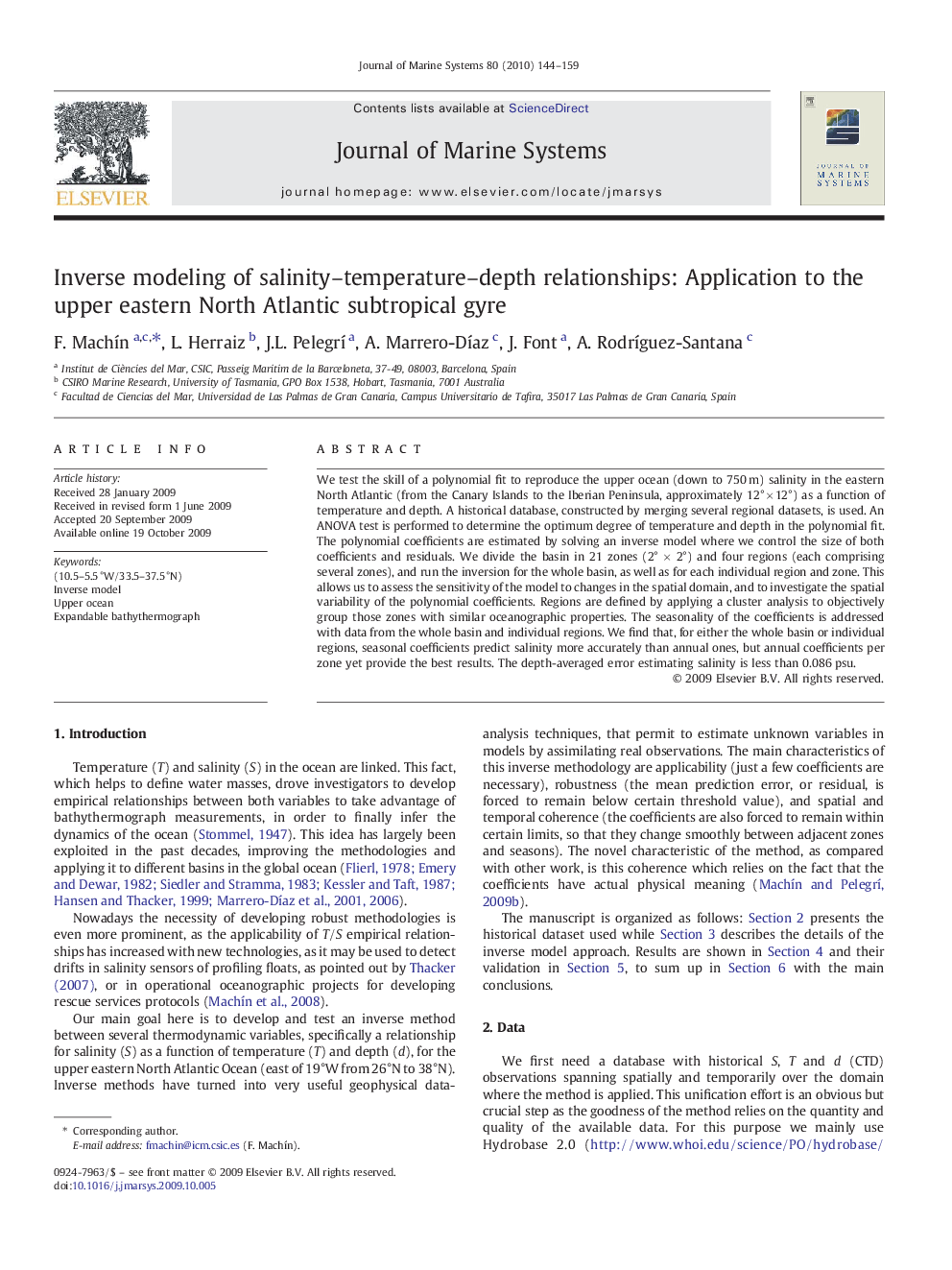 Inverse modeling of salinity–temperature–depth relationships: Application to the upper eastern North Atlantic subtropical gyre