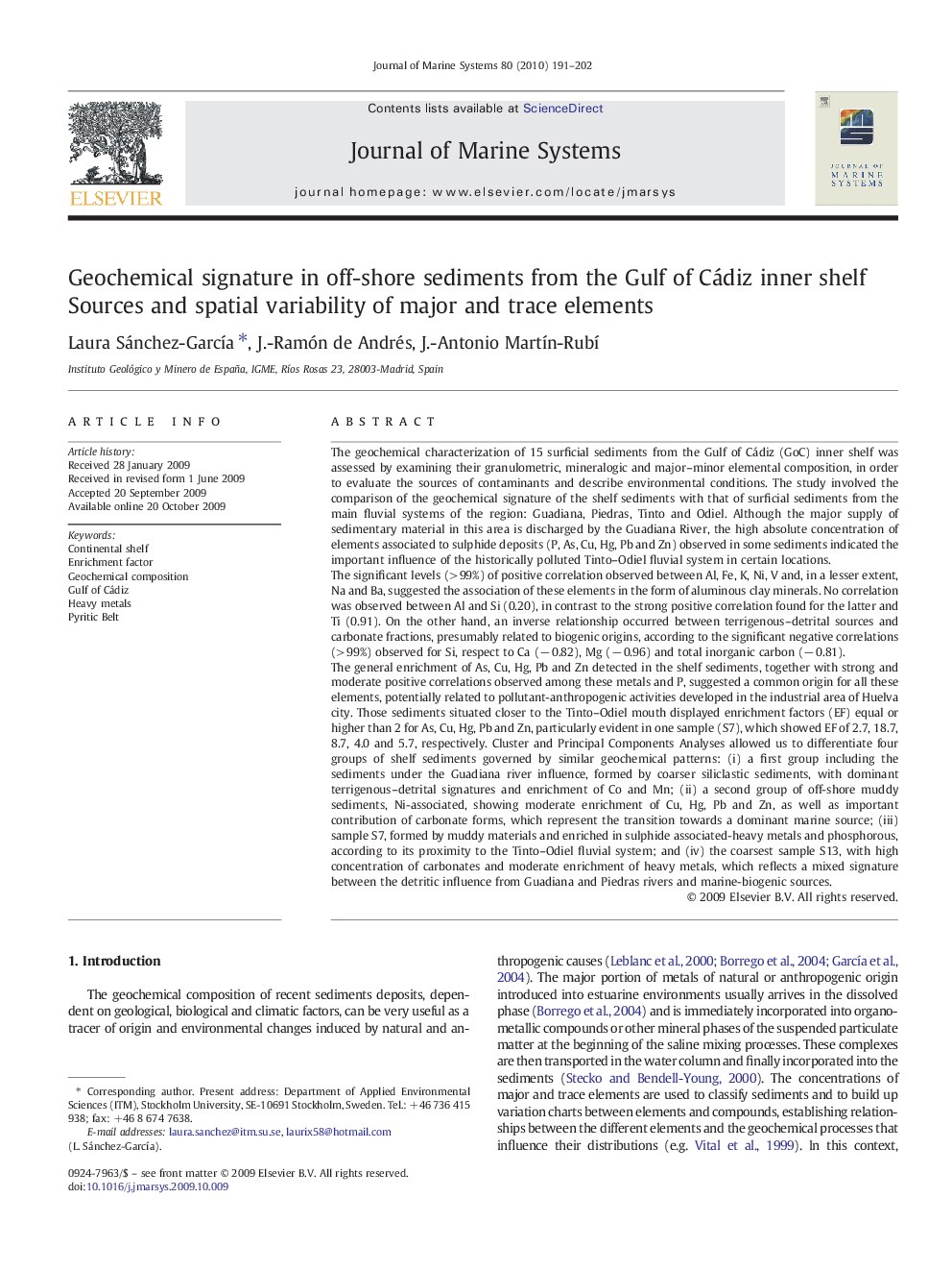 Geochemical signature in off-shore sediments from the Gulf of Cádiz inner shelf: Sources and spatial variability of major and trace elements