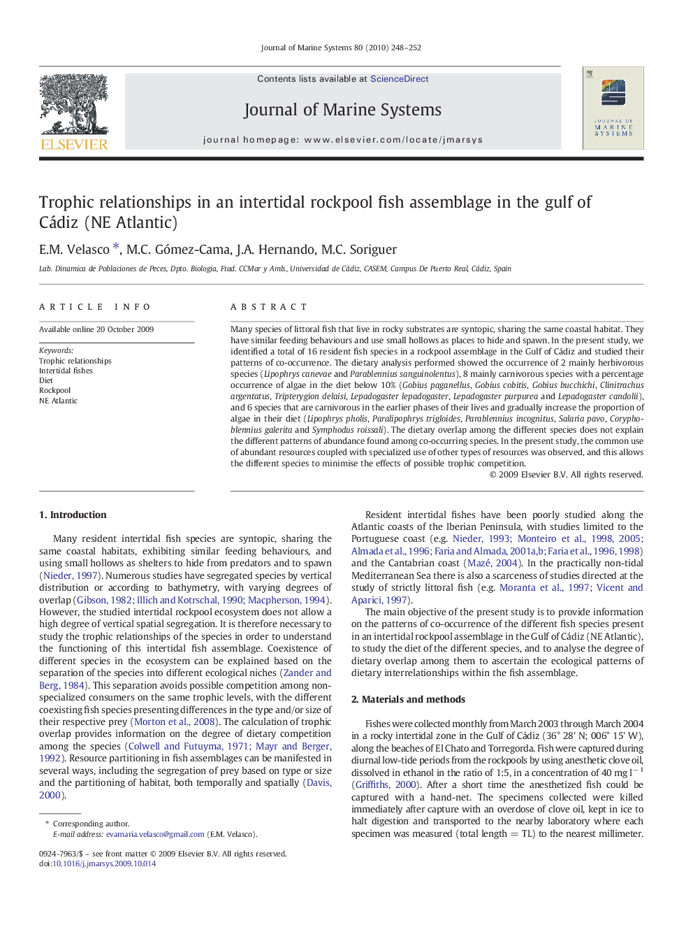 Trophic relationships in an intertidal rockpool fish assemblage in the gulf of Cádiz (NE Atlantic)