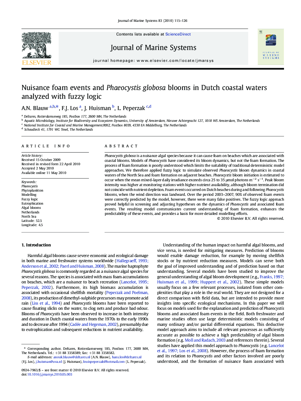 Nuisance foam events and Phaeocystis globosa blooms in Dutch coastal waters analyzed with fuzzy logic