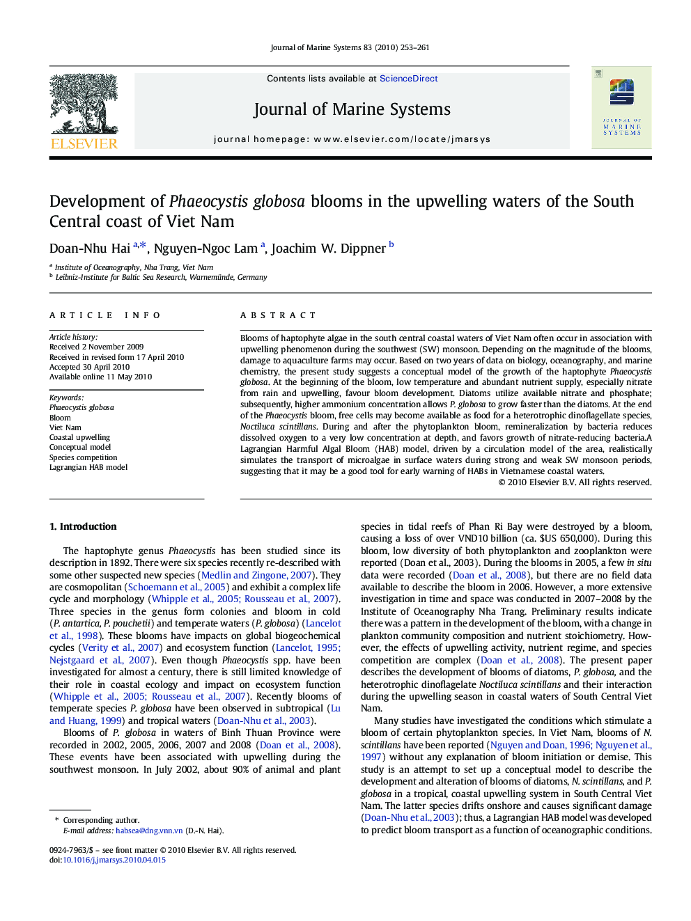 Development of Phaeocystis globosa blooms in the upwelling waters of the South Central coast of Viet Nam