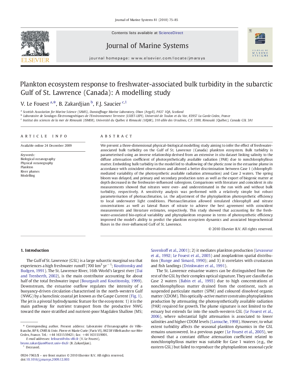 Plankton ecosystem response to freshwater-associated bulk turbidity in the subarctic Gulf of St. Lawrence (Canada): A modelling study