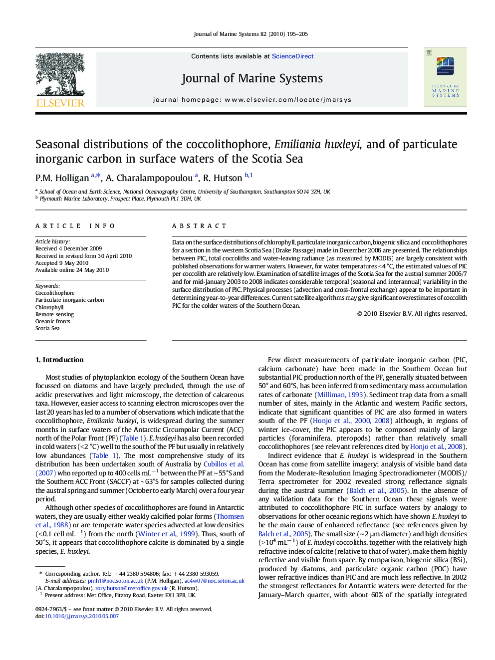 Seasonal distributions of the coccolithophore, Emiliania huxleyi, and of particulate inorganic carbon in surface waters of the Scotia Sea