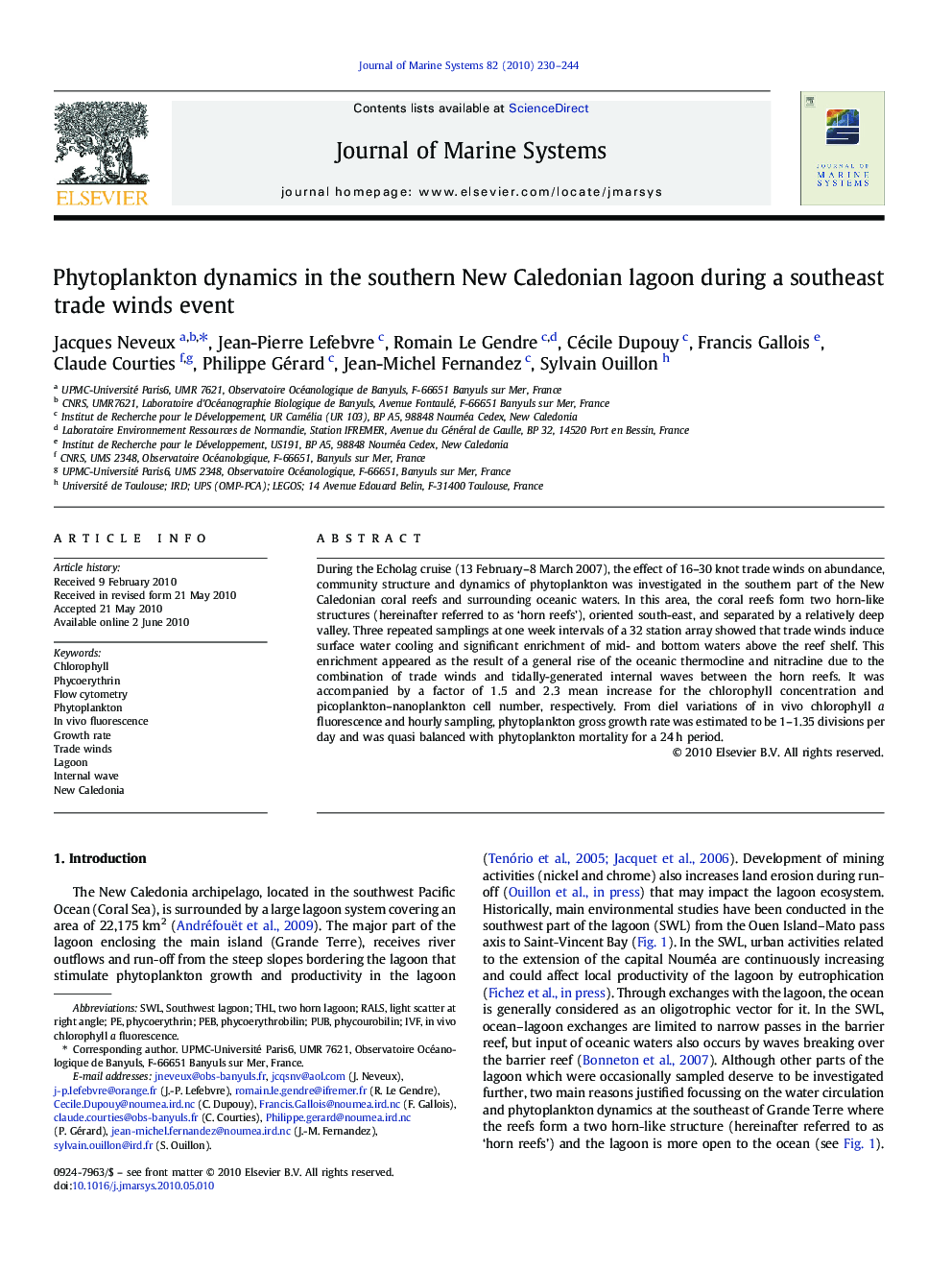 Phytoplankton dynamics in the southern New Caledonian lagoon during a southeast trade winds event