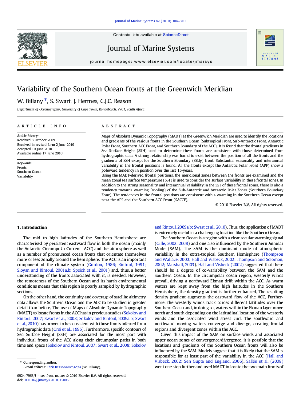 Variability of the Southern Ocean fronts at the Greenwich Meridian