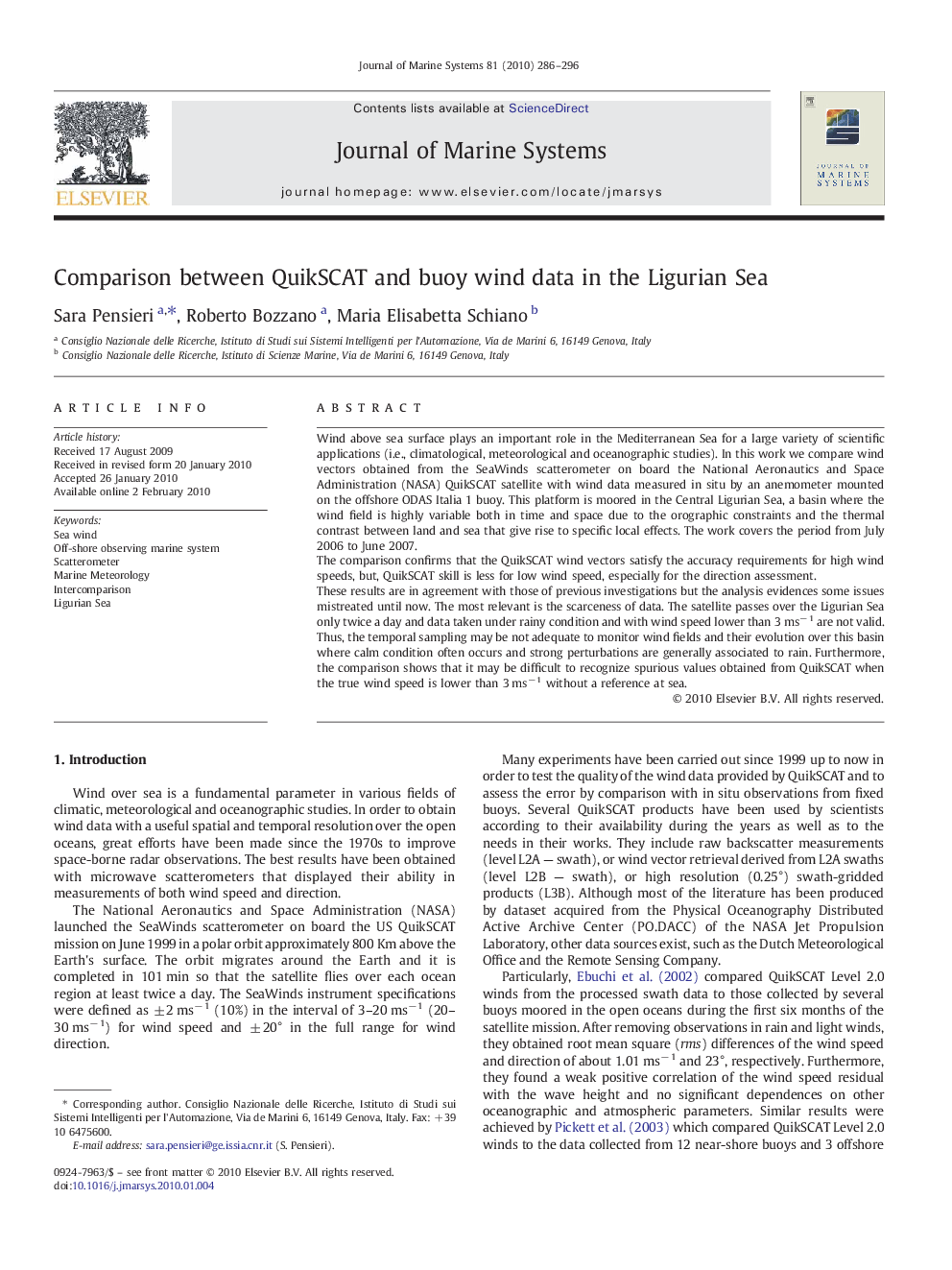 Comparison between QuikSCAT and buoy wind data in the Ligurian Sea