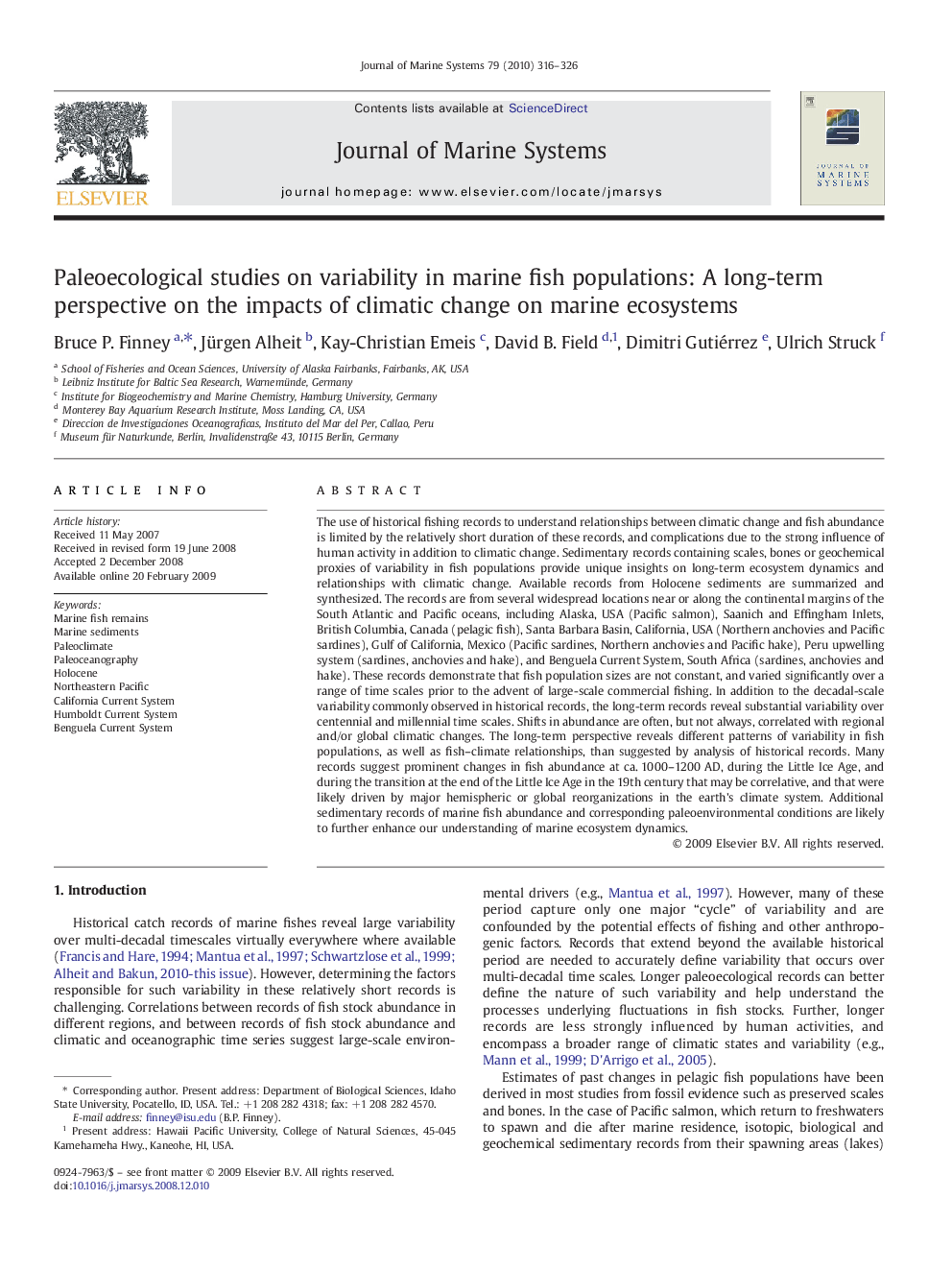 Paleoecological studies on variability in marine fish populations: A long-term perspective on the impacts of climatic change on marine ecosystems