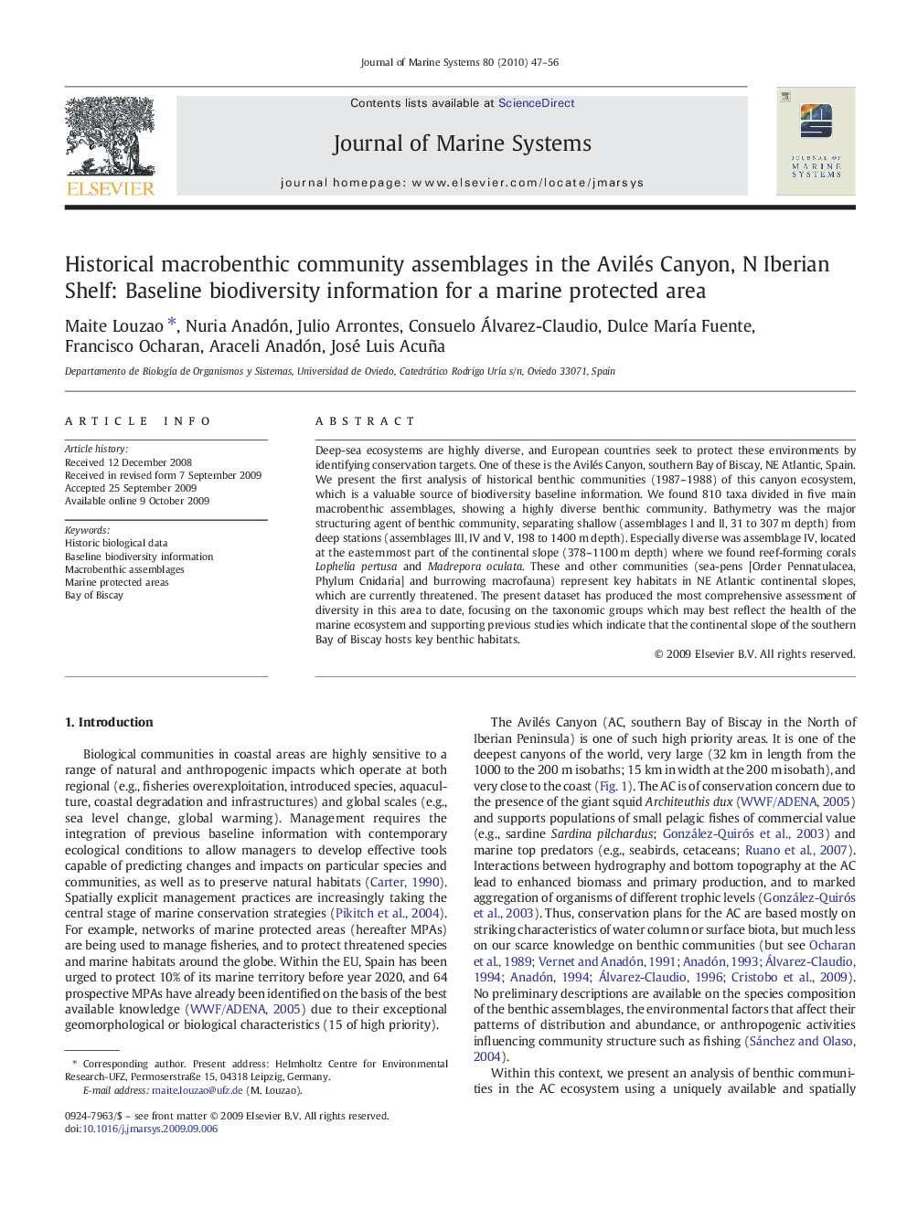 Historical macrobenthic community assemblages in the Avilés Canyon, N Iberian Shelf: Baseline biodiversity information for a marine protected area