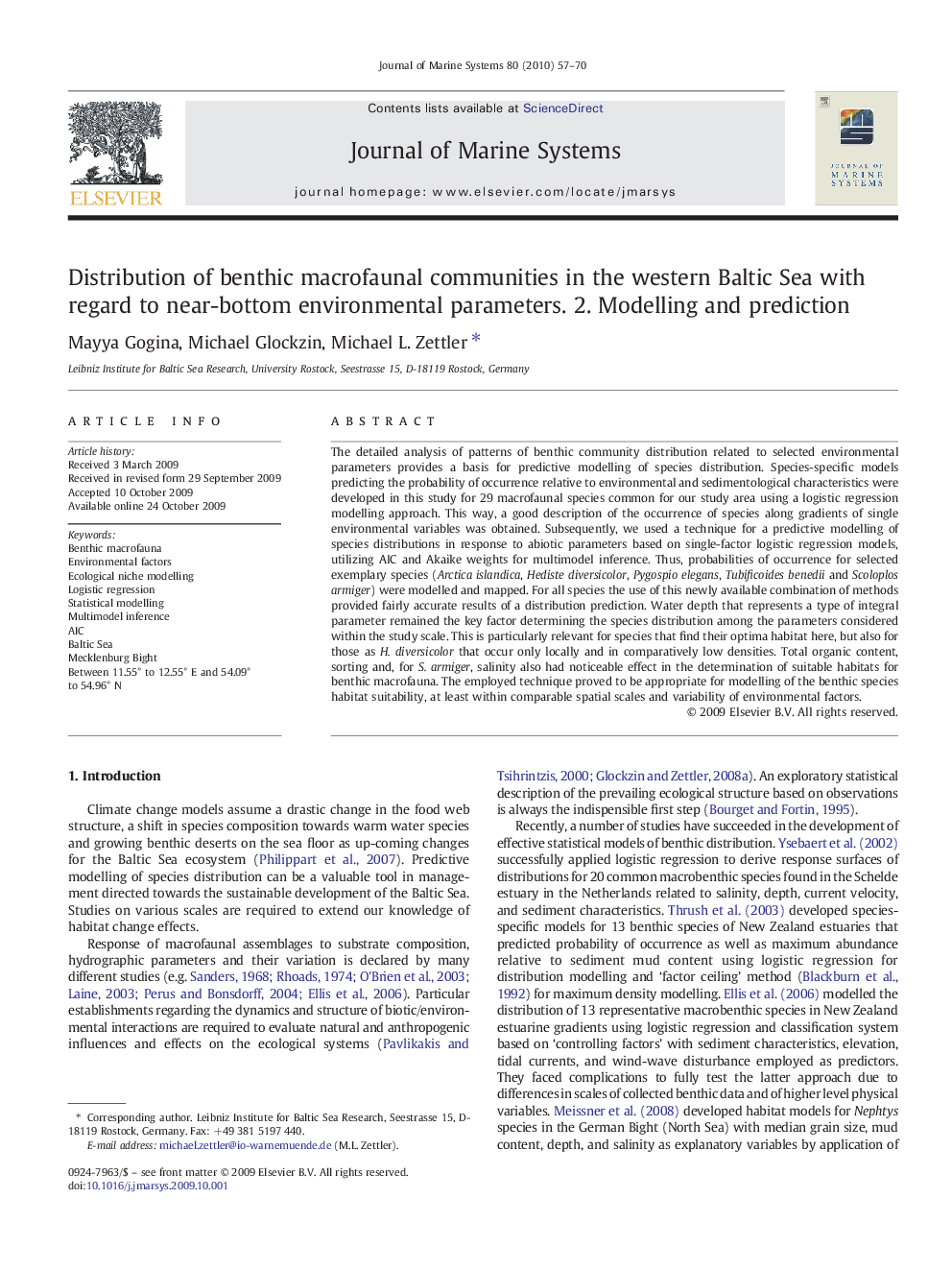 Distribution of benthic macrofaunal communities in the western Baltic Sea with regard to near-bottom environmental parameters. 2. Modelling and prediction